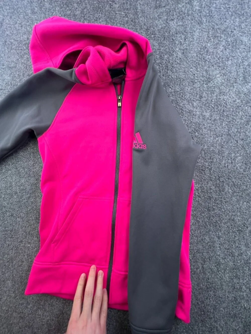 Adidas Girls Jacket 14 Large Gray Pink Hoodie Full Zip w Logo Fleece Inside